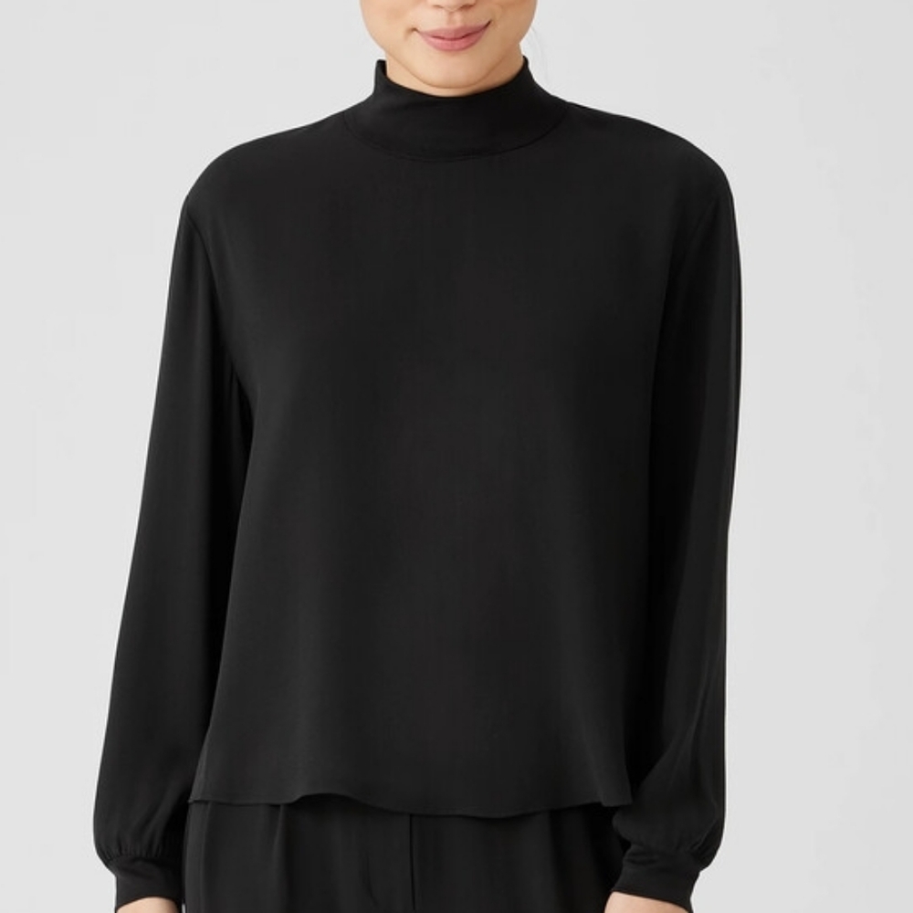 Eileen Fisher Silk Georgette Crepe Mock Neck Top Easy Fit Basic Length Black L
